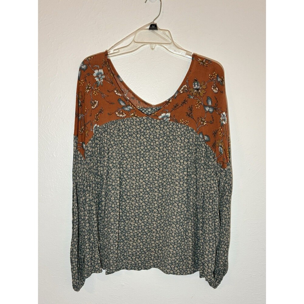 White Birch XL Blouse Terracotta Blue Floral Top Boho